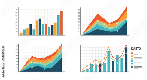 Set of 4 Colorful Business Data Charts and Graphs, Infographic Elements