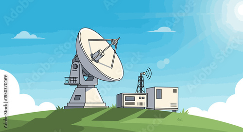 Satellite dish and communication tower on green hill under blue sky with sun and clouds