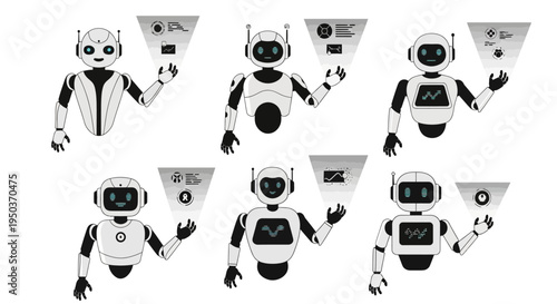 Robots Presenting Information Icons, Futuristic Technology Concept