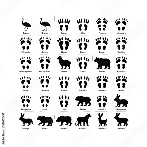Animal footprints and silhouettes display diverse wildlife and species silhouette