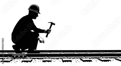 Railway worker in hard hat holding hammer on train tracks silhouette vector illustration
