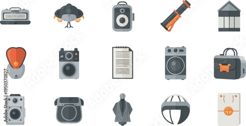 Collection of flat design icons cameras, bags, and electronic devices