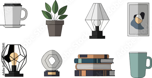 Collection of domestic and decorative items, including cups, plants, lamps, a painting, and books