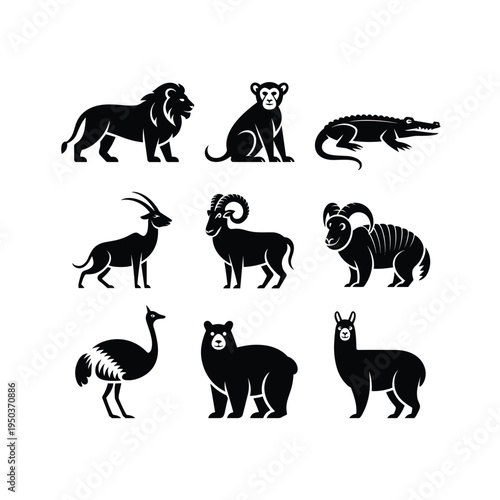 Diverse animal collection displayed in a striking black silhouette