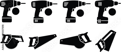 Drill and driver bits set icons in black silhouette on white background