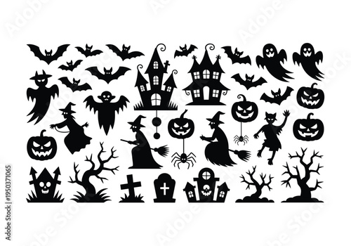 Spooky halloween collection featuring ghosts bats and a haunted house silhouette