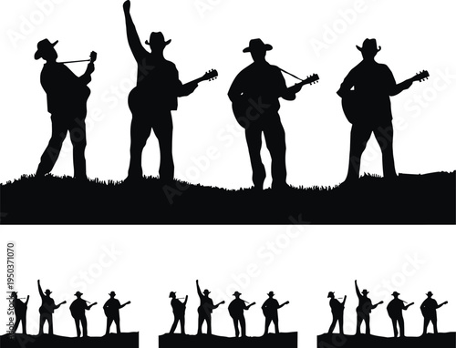 Country music band silhouettes performing with guitars and microphone, western musician group on stage concept isolated on white background, live concert illustration