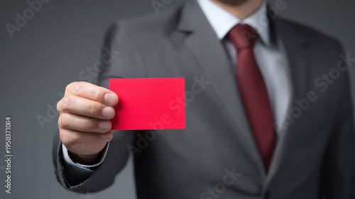 Professional Business Presentation: A Male Hand Extended, Holding a Blank Red Card, Symbolizing Opportunity, Warning, or Important Information Display