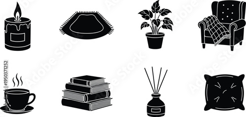Collection of everyday home and office items in black and white