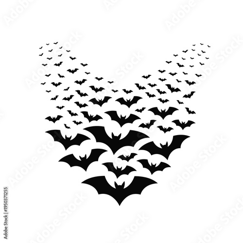 A swarm of bats forms a wolf head shape in dark silhouette