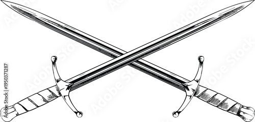 Crossed medieval swords engraving style illustration, vintage knight weapon emblem with steel blades, historical battle symbol vector for heraldry, warfare, armor and fantasy design