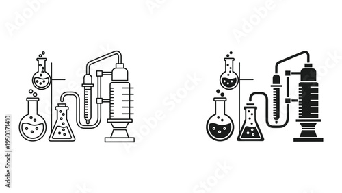 Chemistry Lab Equipment Icon Set: Distillation Apparatus and Flasks