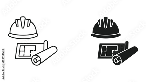 Construction Hard Hat and Blueprint Icons - Engineering and Architecture Symbols