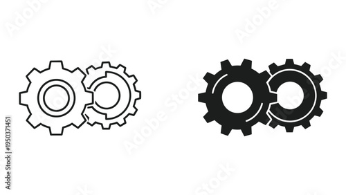 Two interlocked gears icon, outline and solid fill, representing connection, teamwork, and mechanical systems.