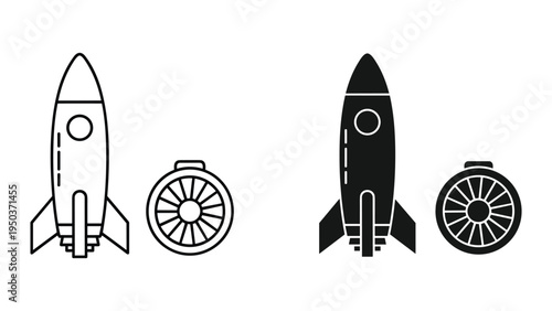 Rocket and Compass Icons: Retro Space Exploration and Navigation Symbols, Vector Art
