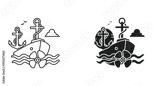 Ship with Anchors and Propeller in Water with Clouds and Birds - Icon Set
