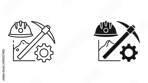 Mining Industry Icons: Pickaxe, Hard Hat, Gear, and Earth Elements - Line and Solid Styles