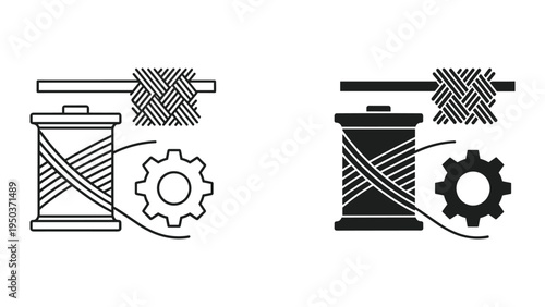 Spool of Thread, Woven Fabric, and Gear Icon Set - Manufacturing and Textile Industry Concept