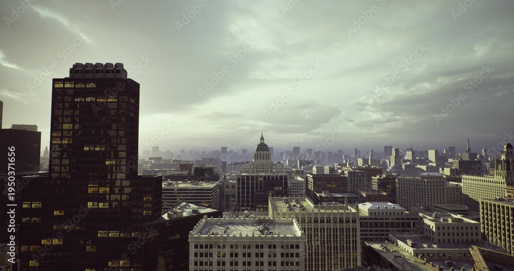 Fototapeta premium foggy city skyline with dome emerging through haze, muted morning light softens rooftops and streets, transit corridors and avenues visible beneath low clouds,