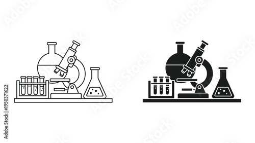 Science Laboratory Equipment Icon Set: Microscope, Flasks, Test Tubes - Vector Illustration