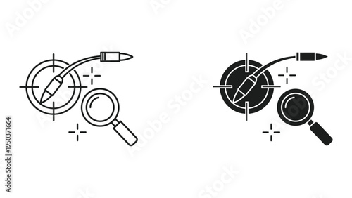 Bullet in crosshairs and magnifying glass icon set, search, investigation, target, law enforcement, crime
