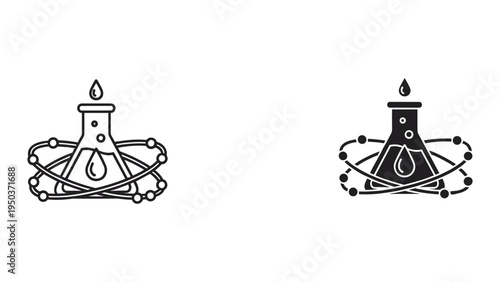 Science Icon Set: Flask with Atom Orbit and Droplet | Line and Silhouette Art