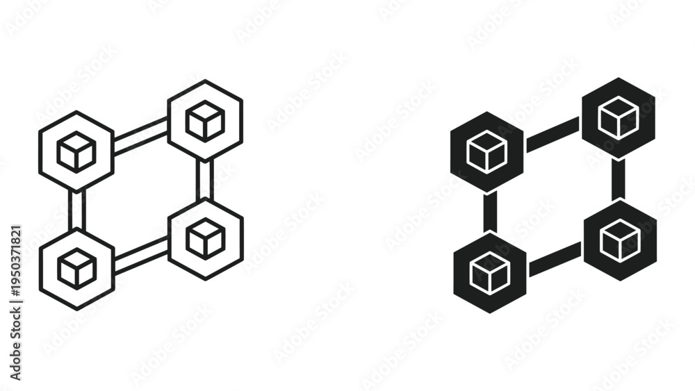 Naklejka premium Blockchain Network Icon Concept - Hexagonal Blocks Connected in a Distributed Ledger System