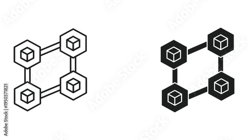 Blockchain Network Icon Concept - Hexagonal Blocks Connected in a Distributed Ledger System