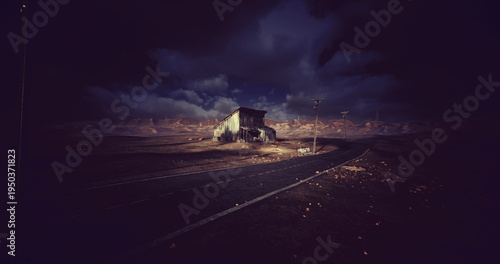 фотографія isolated semi truck under stormy sky, stranded longhaul rig with headlights cutt