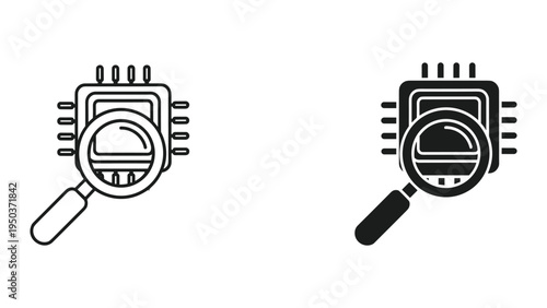 Magnifying Glass Over Microchip Icon - Technology Research, Debugging, Analysis, and Security Concept