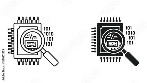 Microchip and Magnifying Glass Icon: Debugging and Data Analysis in Technology