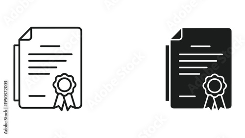Certificate or Diploma Icon with Ribbon Seal - Line Art and Solid Silhouette
