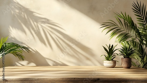 Wooden table with potted plants against a beige wall with shadows indoor plants green leaves