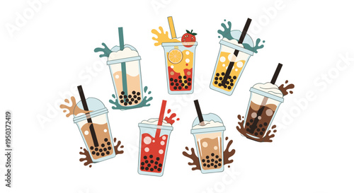 A vibrant collection of bubble tea drinks in various flavors and colors, featuring tapioca pearls and splashes, perfect for refreshing beverage concepts.