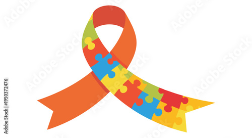 A vibrant orange ribbon intricately designed with colorful puzzle pieces, symbolizing autism awareness and support on a clean white background.