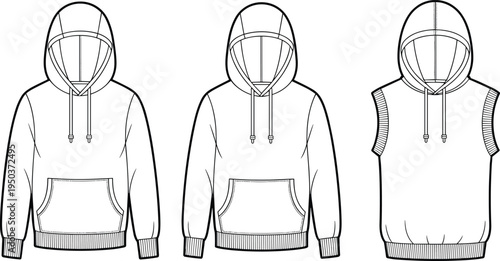 Set of hoodie sweatshirt templates including classic pullover hoodie, pocket hoodie, and sleeveless hoodie vest, front view technical outline vector for fashion design and apparel mockups