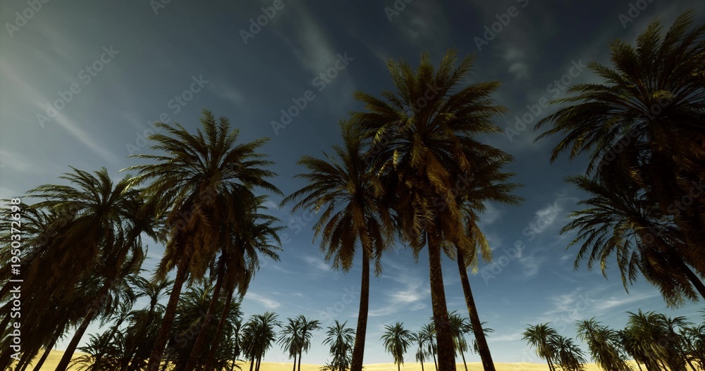 Fototapeta premium palm canopy at twilight beach, soft glow and gentle waves under dusky sky create mindful atmosphere with calm fronds and barefoot serenity for digital detox,