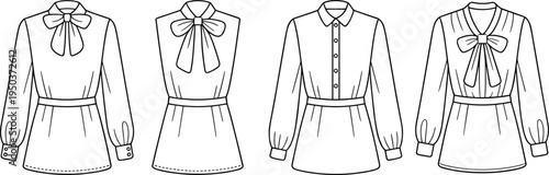 Set of elegant women blouse fashion templates with bow tie collar, long sleeves and waist belt, front and back views, clean line vector technical sketch