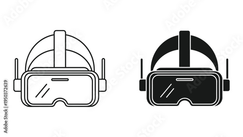 Virtual Reality VR Headset Icon Set - Line Art and Solid Black Silhouette
