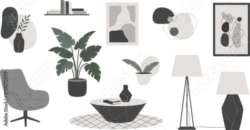 Modern minimalist interior scene with abstract art, potted plants, and furniture