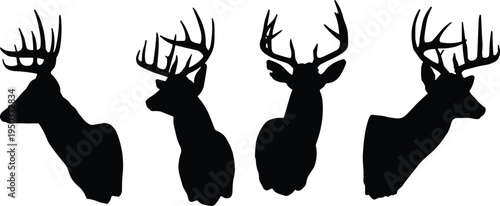 Deer head silhouette collection with large antlers, wild stag hunting trophy icons isolated on light background, wildlife animal emblem set for hunting, nature, and design