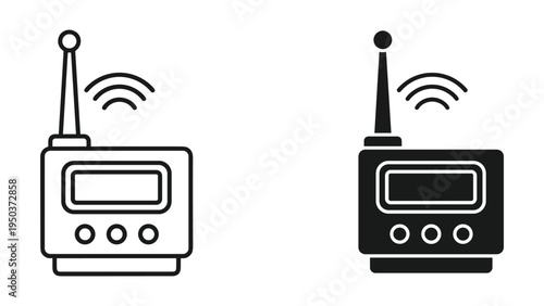 Two Styles of Radio Transceiver Icons with Antennas and Signal Waves, Isolated on White