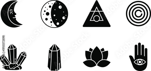A collection of mystical and spiritual symbols in black and white