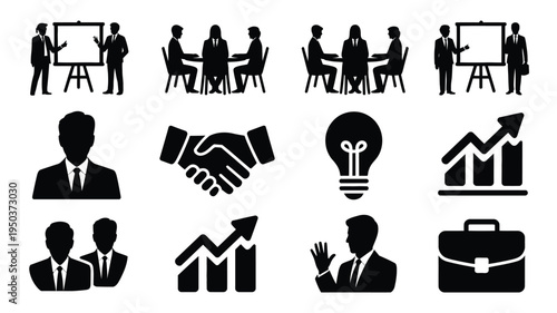 Business icons set including teamwork leadership growth and partnership concepts on white background