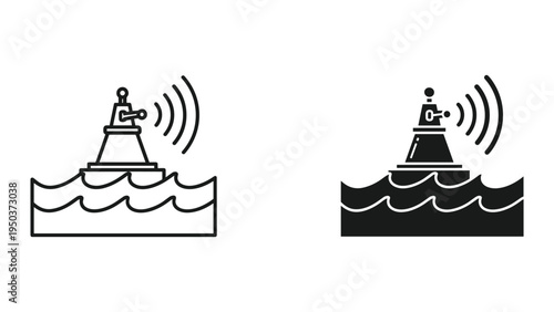 Buoy with signal waves icon in line art and solid black vector illustration
