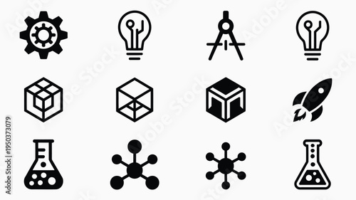 Collection of modern startup concept icons featuring business science and technology symbols on gray background