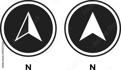 north direction icon. Compass north symbols. Downward arrow graphic design. North arrow and compass rose icons. Down arrow symbols
