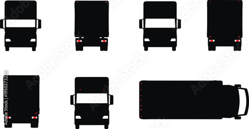 Delivery truck silhouette set with multiple front, rear and top views, cargo transport vehicle icons for logistics, shipping, freight and transportation design