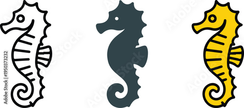 Minimalist Seahorse Illustration Set Showing Line Art Silhouette and Bright Yellow Marine Animal Vector Icon Design