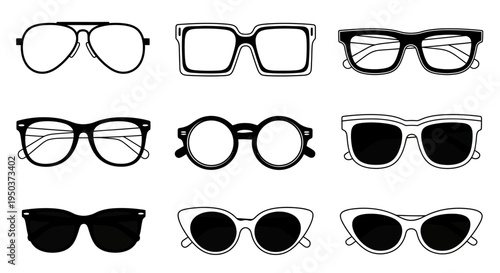 Collection of diverse eyeglasses and sunglasses styles, black and white line art